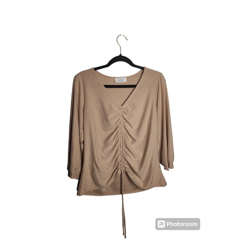 Rouched Swiss Dot Fitted 3/4 sleeve blouse, nude, size XL